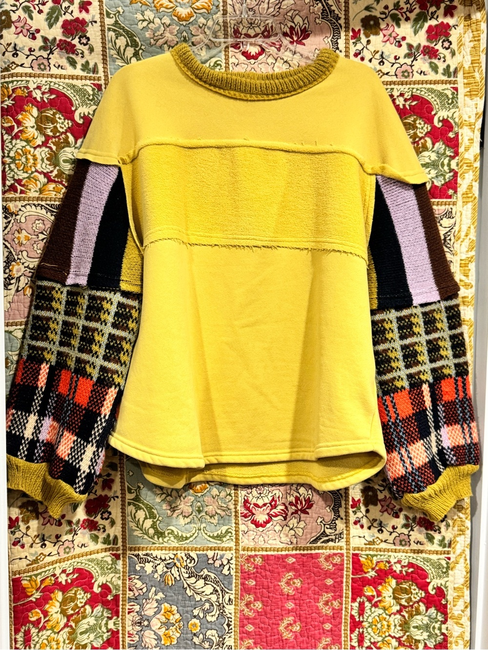Yellow Colorblock Plaid Sleeve Women’s Sweater